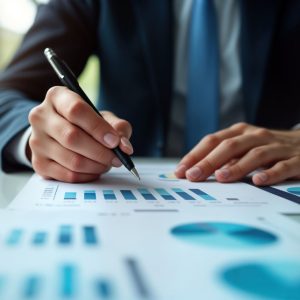 Businessman in suit analyzes financial documents. Reviews financial reports with bar, pie charts. Uses pen calculator. Man manages financial records. Ensures financial compliance. Works in office